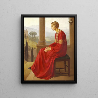 Christian Bang - Kvinde i rd kjole siddende p en terrasse i et italiensk landskab.webp