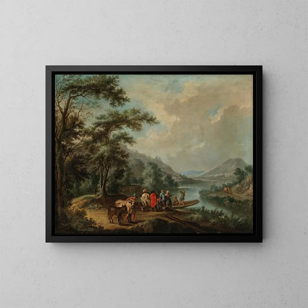di un paesaggio del Reno con un traghetto vicino a Bonn, il Rolandsbogen, il Drachenfels e l'isola di Nonnenwerth in lontananza - Christian Georg Schütz l'Ancien — quadro incorniciato alla parete