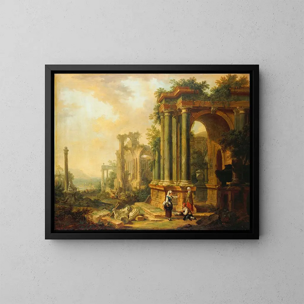 Paesaggio con rovine antiche e una colonna - Christian Georg Schütz l'Ancien — quadro incorniciato alla parete