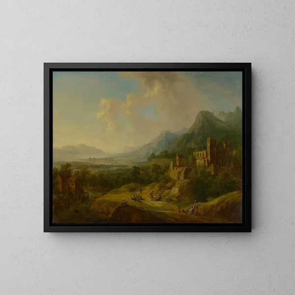 Vallée fluviale con rovine di chiesa e figure di personaggi - Christian Georg Schütz l'Ancien — quadro incorniciato alla parete