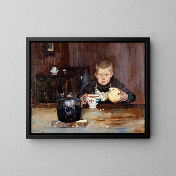 Ragazzo che fa la spesa che beve caffè - Christian Krohg — quadro incorniciato alla parete