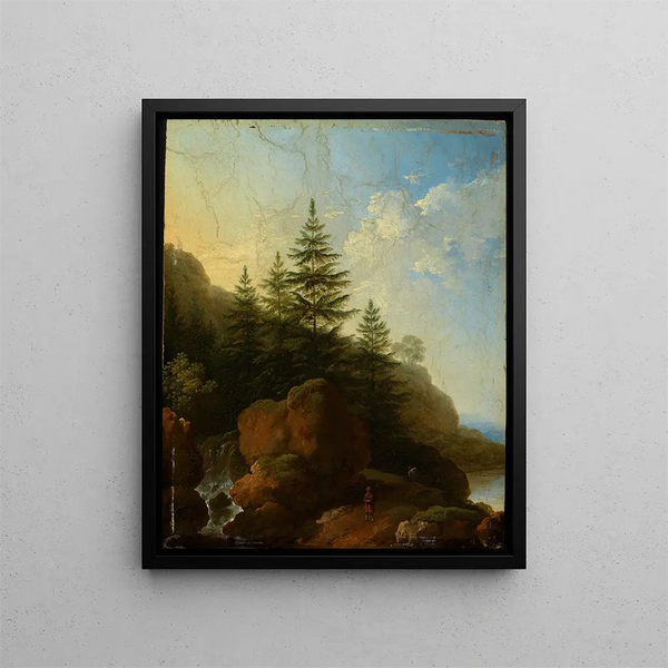 Paesaggio di montagne rocciose con cascata - Christian Wilhelm Ernst Dietrich — quadro incorniciato alla parete
