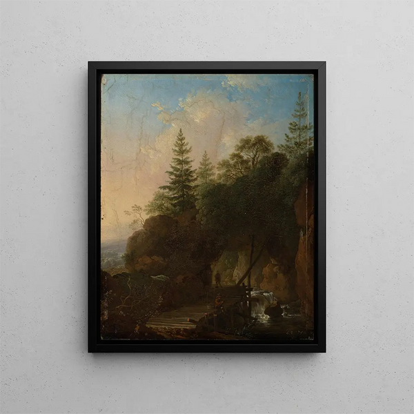 Paesaggio montano con cascata e ponte di legno - Christian Wilhelm Ernst Dietrich — quadro incorniciato alla parete