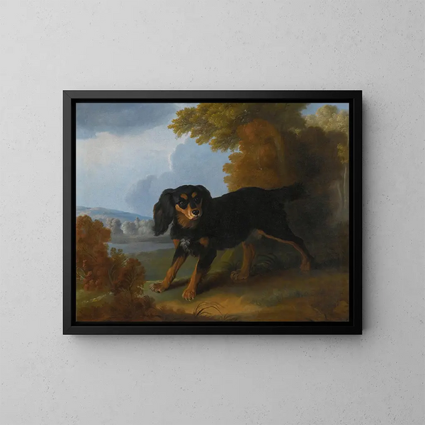 Ritratto di un cocker spaniel King Charles in un paesaggio - Christophe Huet — quadro incorniciato alla parete