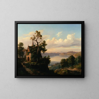 Chrystian Breslauer - Landscape with a lake and a Gothic church.webp