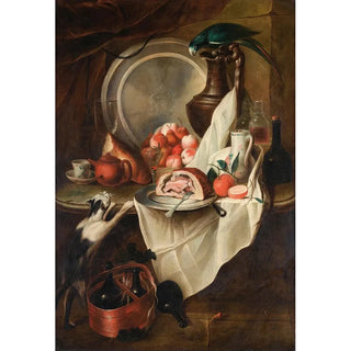 Circle Of AlexandreFranois Desportes - Still Life With Fruits And Ham With A Cat And A Parrot.webp