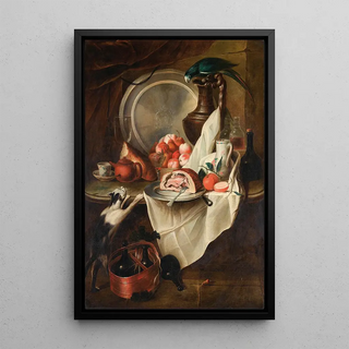 Circle Of AlexandreFranois Desportes - Still Life With Fruits And Ham With A Cat And A Parrot.webp
