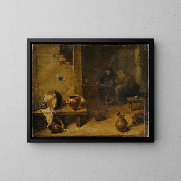 Interno di taverna con contadini che mangiano sullo sfondo - Cerchio di David Teniers il Giovane — quadro incorniciato alla parete