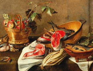 Circle of Frans Ykens - Still life with fruit in a copper vessel fish and game.webp