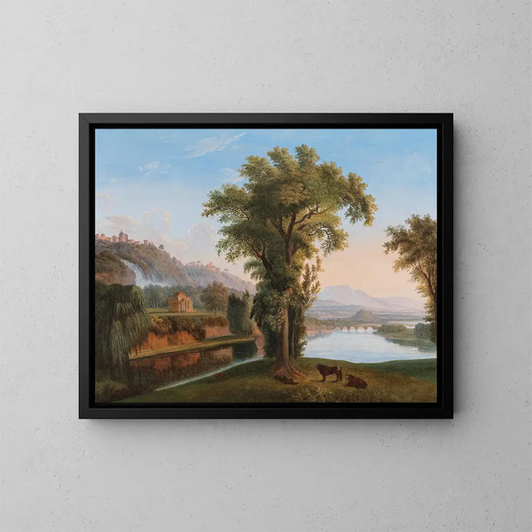Un vasto paesaggio con vista sulle cascate di Tivoli - Cerchio di Jacob Philipp Hackert — quadro incorniciato alla parete