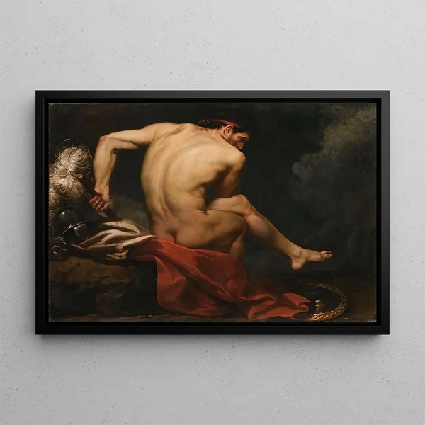 Circle of JeanGermain Drouais - A Naked Warrior Seated On A Rock Beside His Shield And Plumed Helmet.webp