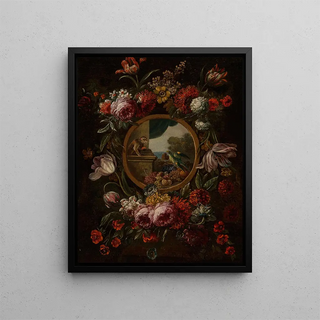 Circle of Karel van Vogelaer - A garland of flowers encircling a tondo with fruit monkey and parrot.webp