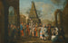Scena di strada con artisti della Commedia dell'arte e musicisti riuniti intorno a due marionette, un obelisco oltre - Cerchio di Marco Marcola — vista dell’opera
