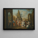 Scena di strada con artisti della Commedia dell'arte e musicisti riuniti intorno a due marionette, un obelisco oltre - Cerchio di Marco Marcola — quadro incorniciato alla parete