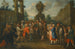 Scena di strada con artisti della Commedia dell'arte riuniti intorno a una scimmia, un'urna oltre - Cerchio di Marco Marcola — vista dell’opera