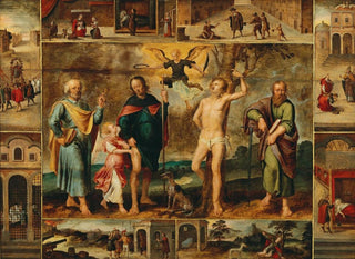 Circle of Otto van Veen - Saints Roch Sebastian Peter and Paul surrounded by eight scenes from the life of Saint Roch.webp