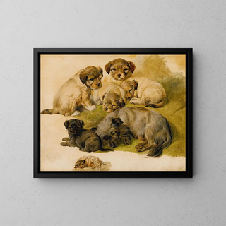Circle of Sir Edwin Henry Landseer - Study Of A Terrier And Puppies.webp