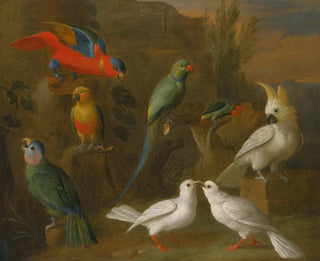 Circle of Tobias Stranover - A Landscape With Exotic Birds Including Parrots Parakeets Turtle Doves And Cockatoos.webp