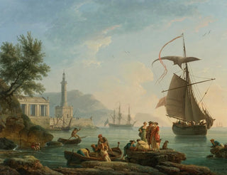 ClaudeJoseph Vernet - A Mediterranean Harbor At Sunset With Fisherfolk At The Waters Edge A Lighthouse And A Man Of War At Anchor In The Bay.webp
