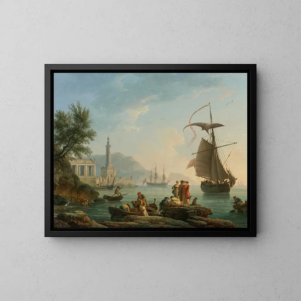 Un porto mediterraneo al tramonto con pescatori sulla riva, un faro e una nave da guerra ancorata nella baia - Claude-Joseph Vernet — quadro incorniciato alla parete