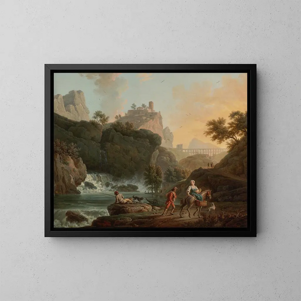 Un paesaggio roccioso con un pescatore e viaggiatori vicino a un fiume con una cascata e un acquedotto in lontananza - Claude-Joseph Vernet — quadro incorniciato alla parete
