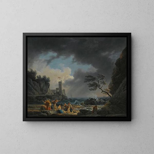 Una scena costiera tempestosa con figure su una spiaggia sopravvissute a un naufragio - Claude-Joseph Vernet — quadro incorniciato alla parete