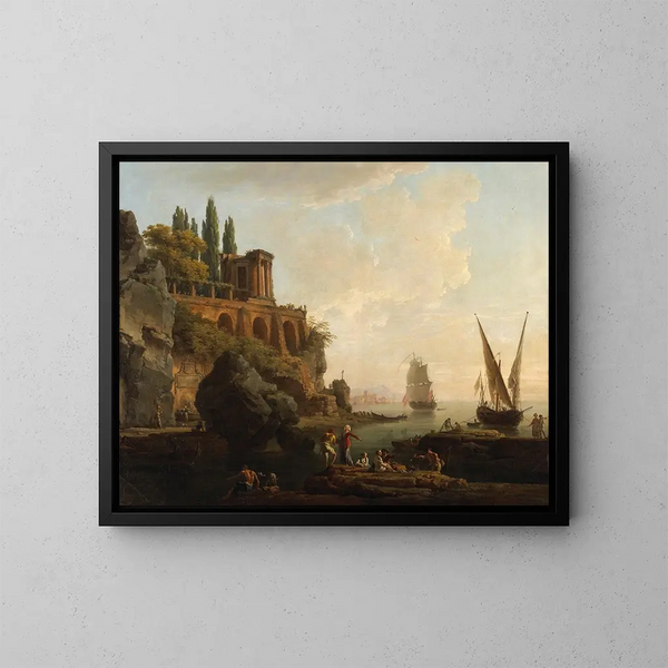 Paesaggio immaginario, scena di porto italiano - Claude-Joseph Vernet — quadro incorniciato alla parete