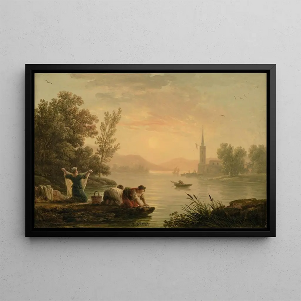 Lavandai vicino a un lago - Claude-Joseph Vernet — quadro incorniciato alla parete