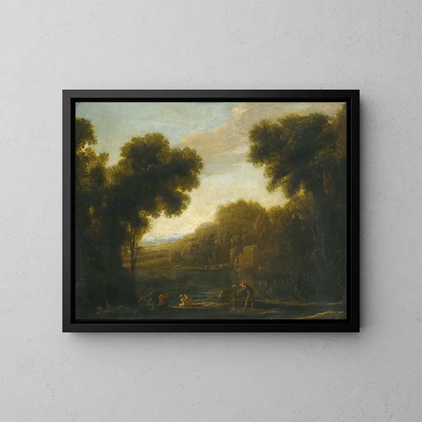Un paesaggio fluviale con viaggiatori sulla riva - Claude Lorrain — quadro incorniciato alla parete
