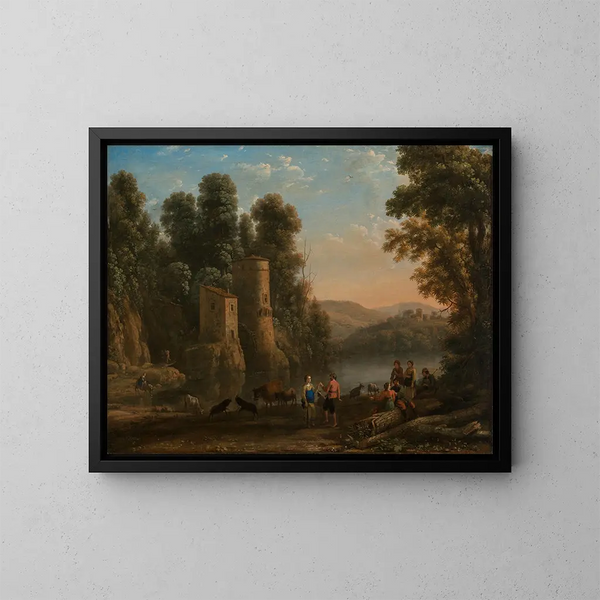 Paesaggio con pastori. La danza sul bordo dell'acqua - Claude Lorrain — quadro incorniciato alla parete