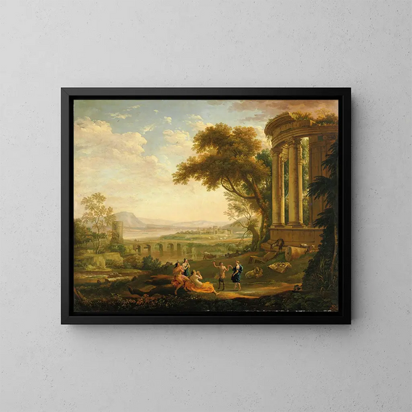 Paesaggio con satiro e ninfa - Claude Lorrain — quadro incorniciato alla parete