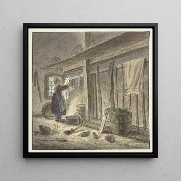 Coin d'une étable avec une fille qui accroche un tissu - Christina Chalon