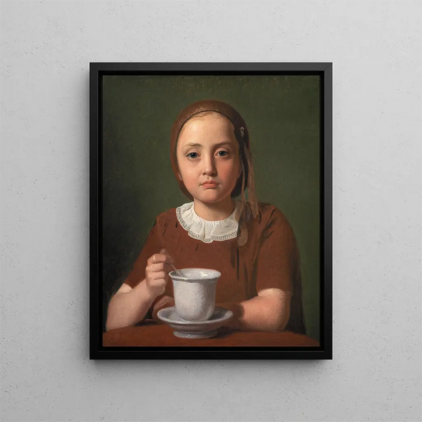 Ritratto di una bambina piccola Elise Købke con una tazza davanti a lei - Constantin Hansen — quadro incorniciato alla parete