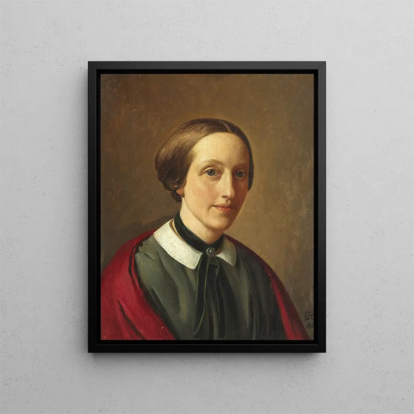 Ritratto di Michala Ingerslev f. Aagaard d'Iselingen in abito nero e scialle rosso - Constantin Hansen — quadro incorniciato alla parete