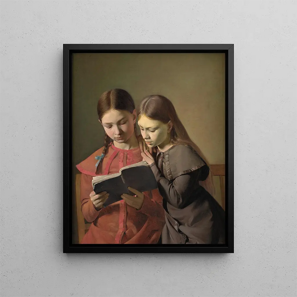 Le sorelle artiste Signe e Henriette che leggono un libro - Constantin Hansen — quadro incorniciato alla parete