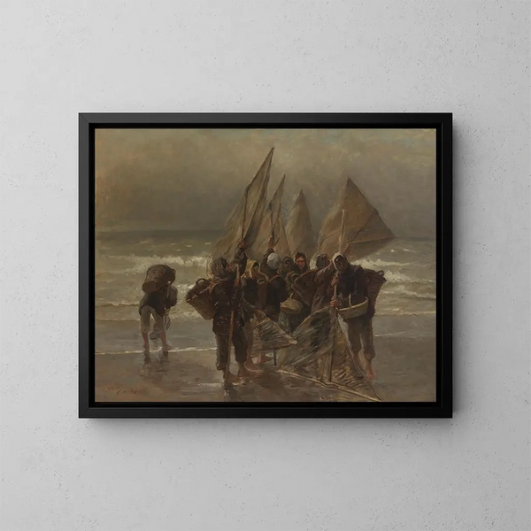 Donna pescatrice di gamberetti a Mariakerke - Constantin Meunier — quadro incorniciato alla parete