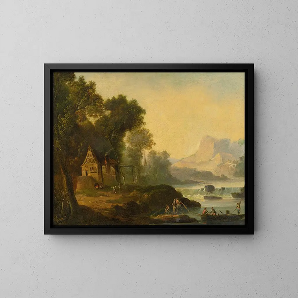 Paesaggio fluviale con figure - Scuola Continentale — quadro incorniciato alla parete