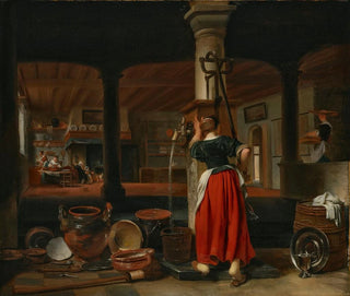 Cornelis Bisschop - A maid pumping water in a kitchen interior.webp