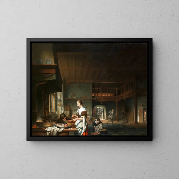 Interno di cucina con una donna che cucina - Cornelis Bisschop — quadro incorniciato alla parete