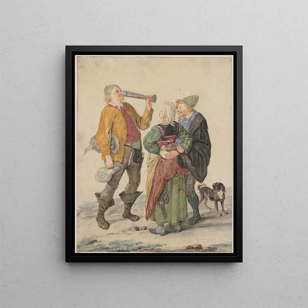 Coppia di contadini con un bevitore - Cornelis Dusart — quadro incorniciato alla parete