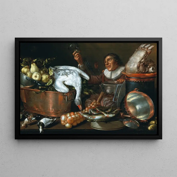 Cornelis Jacobsz Delff - A kitchen interior with a drinker copper and tin vessels game and fruit.webp