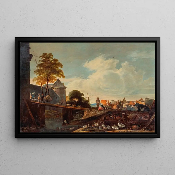 Cornelis Saftleven - A cattle market on the outskirts of a walled town with figures and animals crossing a bridge.webp