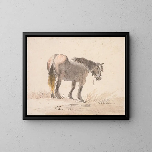 Cavallo in piedi su un tumulo - Cornelis Saftleven — quadro incorniciato alla parete