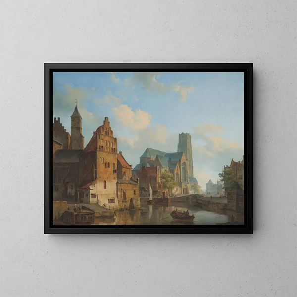 Una vista del Delftse Vaart e della chiesa di San Lorenzo di Rotterdam - Cornelis Springer — quadro incorniciato alla parete
