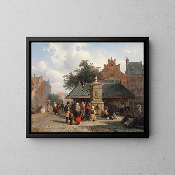 Vicino alla fontana in una piazza cittadina olandese - Cornelis Springer — quadro incorniciato alla parete