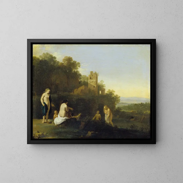 Paesaggio con la scoperta della gravidanza di Callisto - Cornelis van Poelenburch — quadro incorniciato alla parete