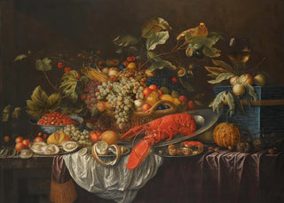 Cornelis de Bryer - A Still Life Of Assorted Fruits In A Basket A Roemer And Apples Atop A Blue Jewellery Casket.webp