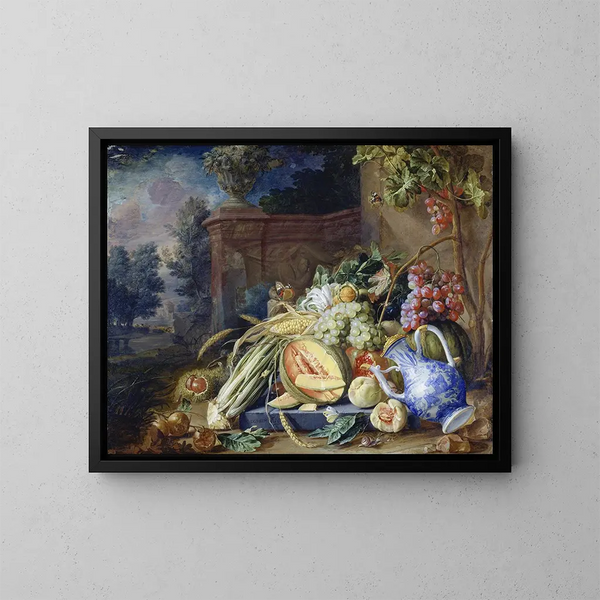 Nature morte con verdure e frutta davanti a una balaustra da giardino - Cornelis de Heem — quadro incorniciato alla parete