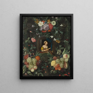 Cornelis van Huynen - Portrait of a lady in a circle of flowers.webp