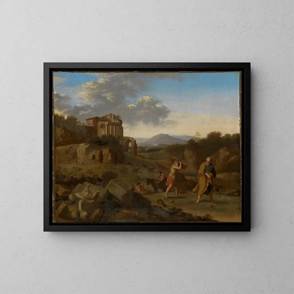 Paesaggio montano italiano con Abramo e Isacco in viaggio verso il sacrificio - Cornelis van Poelenburg — quadro incorniciato alla parete